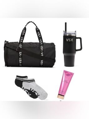 VSX Black Duffle Bag Set with Black Tumbler, Gray/Black Socks & Pink Lotion